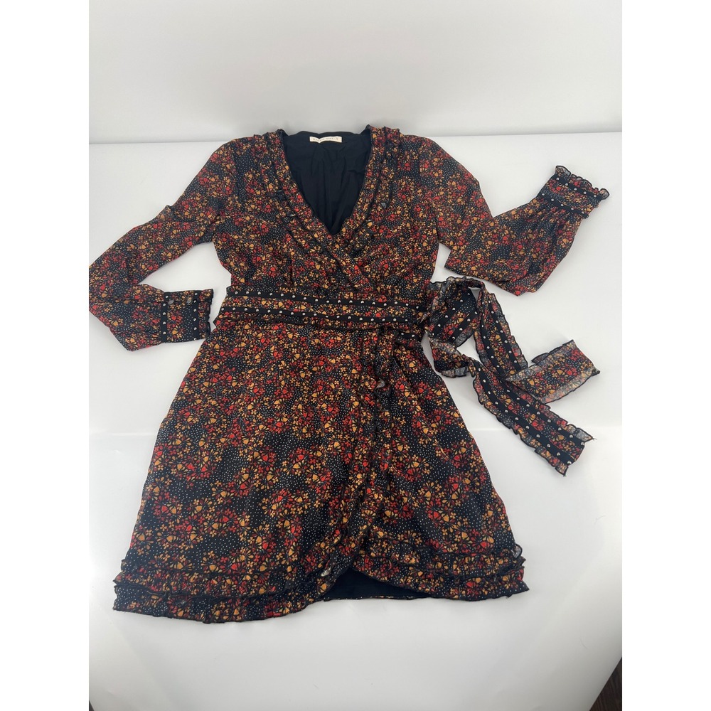 Stevie May Mini Wrap Dress Black Floral Monarch Ruffle Long Sleeve S‎ Whimsigoth